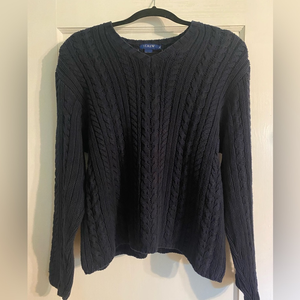 J. Crew Navy Blue Cable Knit Long Sleeve V-Neck Sweater Sz XL